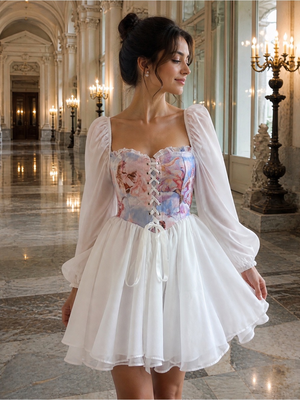 Romantic Corset Mini Dress Sheer Sleeve Renaissance Print small